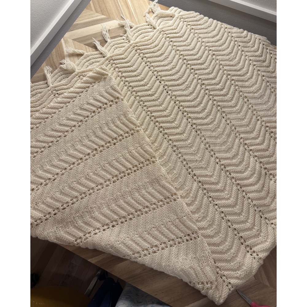VTG Handmade Crochet Afghan Blanket‎ Ivory 78"x62" w/Fringe Granny Cottagecore